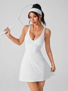Gameset SHEIN Sport 女式纯色背景交叉带口袋设计夏季无袖运动连衣裙运动连衣裙 - 白色 - 查看 1