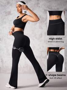 Seamluxe SHEIN Sport 女士纯色短款无缝背心和喇叭裤运动套装女士健身套装