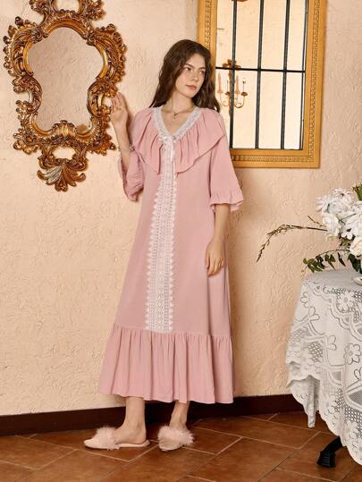 Côtesoire 法式优雅浪漫蕾丝边宽松长裙，荷叶边下摆女士睡袍