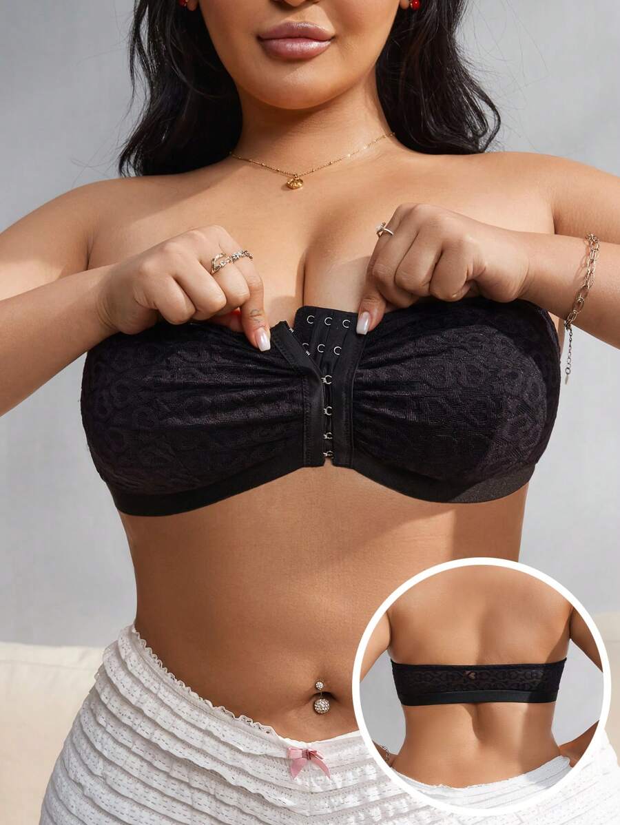 SHEIN Áo ngực không dây ren lãng mạn cỡ lớn cho nữ có nút cài phía trước - màu đen - Xem 1