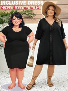 SHEIN CURVE+ Đầm che tay cánh dơi phối ren Guipure cỡ lớn phong cách Boho Holiday - màu đen - Xem 3