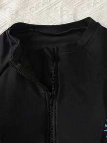 SHEIN 少女黑色拉链插肩袖热带植物印花上衣短裤泳衣套装，沙滩装泳衣夏季，冲浪