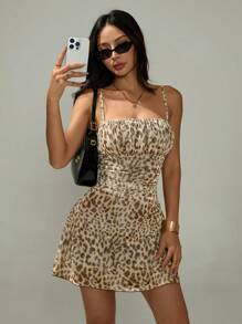 SHEIN PETITE Sexy Spaghetti Strap Leopard Print Mesh Slip Dress - Multicolor - View 4