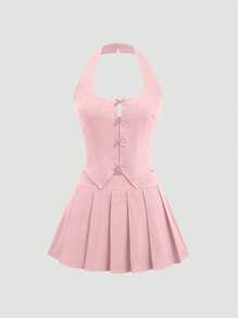 Sweetra Bộ 2 món áo yếm thắt nơ màu trơn và chân váy mini xếp ly cho nữ - Hồng - Xem 1