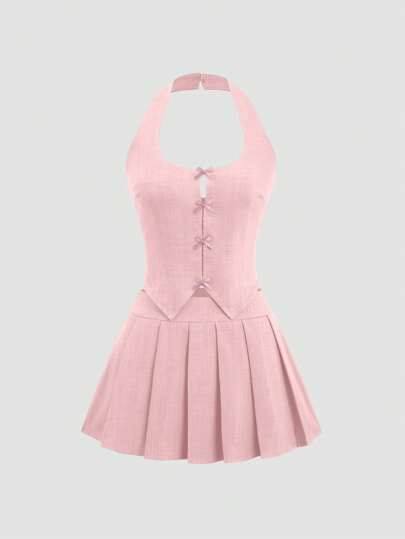 Sweetra 女性用無地リボン装飾ホルターネックトップとプリーツミニスカート2点セット