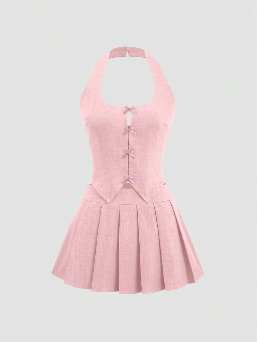 Sweetra Bộ 2 món áo yếm thắt nơ màu trơn và chân váy mini xếp ly cho nữ - Hồng - Xem 1