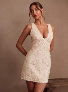 Savoree Beaded Pearl & Floral Embroidered Dress, Elegant, Modest, Suitable For Summer, Festivals, Graduations, Wedding Guests - Apricot - View 6