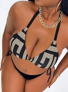 Slaydiva Plus Size Rhinestone Embellished Sexy Party Bikini Top For Summer Beach Vacation - Khaki - View 2
