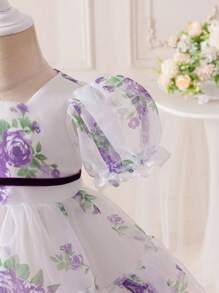 SHEIN Glamorique Kids Baby Girls' Organza Print Dress Purple Short Sleeve Puff Skirt, Children Easter Party Dress Chiffon Satin Flower Infant Princess Gown, Elegant Occasion Baby Girl Dresses Princess Baby Dress Baby Elegant Dress Party Dress For Baby