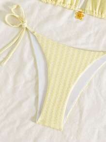 Swim Mod Textured Plain Bikini Set With Metallic Accessories For Summer Beach Vacation - Yellow - View 7