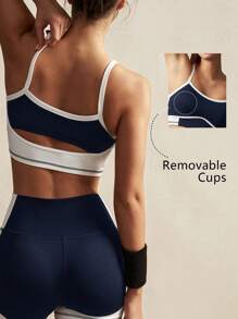 VARSIVA 蓝白撞色拼布条纹镂空高腰女运动套装