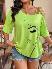 EMERY ROSE Camiseta de manga corta con cuello asimétrico y estampado de retrato, estilo casual para tallas grandes, para verano - Verde - Ver 1