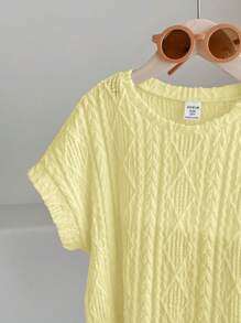 SHEIN Tween Girls' Oversized Casual Crewneck Pullover Textured Fabric Short Sleeve Cropped T-Shirt - Yellow - View 4
