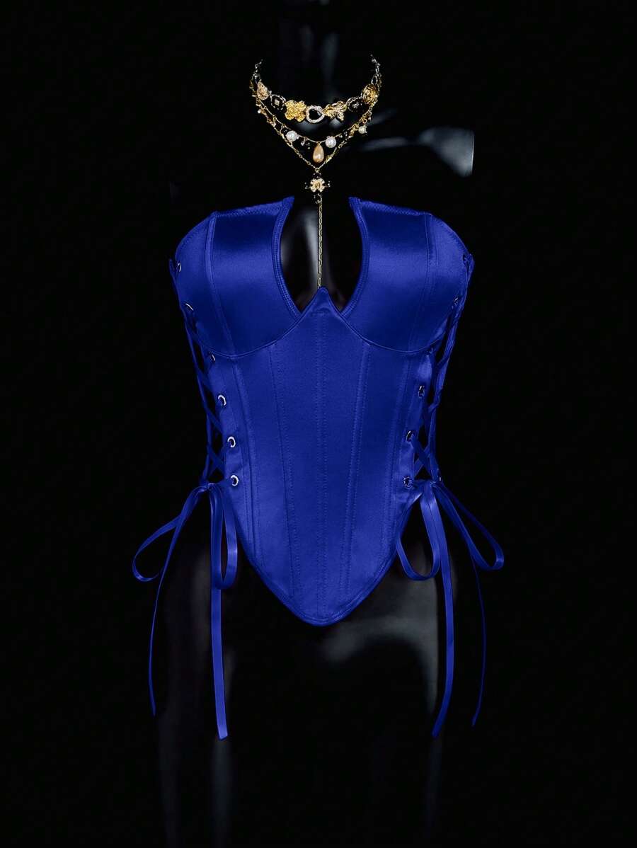 SHEIN ICON Fitted Criss-Cross Strap Bandeau Crop Top Vest,Rave Top - Blue - View 1