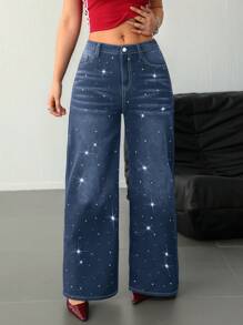 SHEIN Tall 女士牛仔裤 女式高腰牛仔裤 黑色低腰宽松闪亮水钻牛仔裤 闪亮牛仔裤 宽松女式牛仔裤 低腰宽松牛仔裤 女式下装 亮片裤 闪光裤 女式高腰裤 - 深色水洗藍 - 查看 3