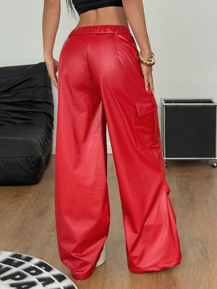 Coolane Women's Red PU Leather Casual Pants: Stylish Zipper Detail Long Pants With Cargo Pockets - Red - View 2