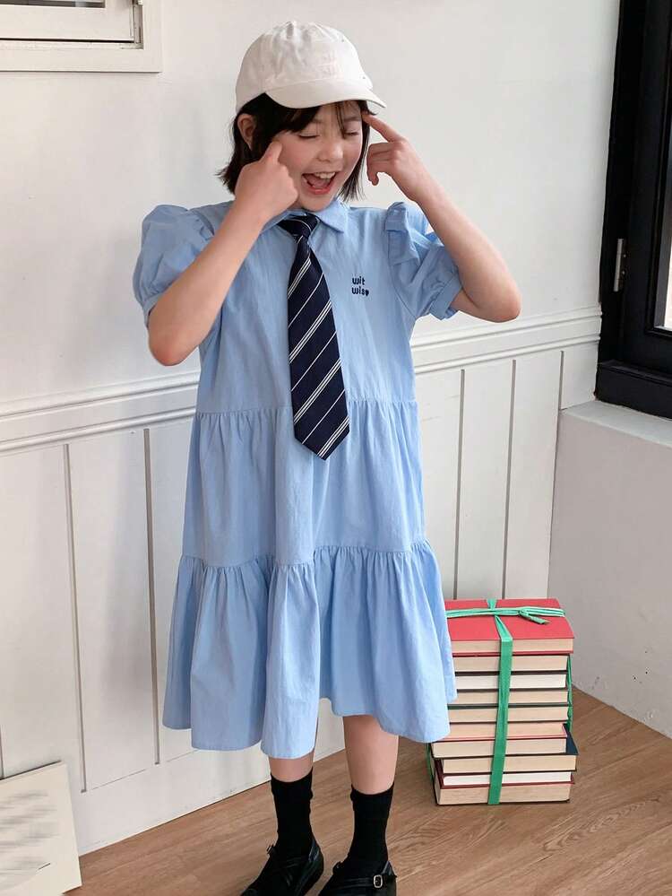 Tween Girl Peter Pan Collar Pleated Short Sleeve Dress, School Style, Summer,Back To School Clothes