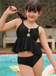 Tween Girl Spaghetti Strap Tankini Swimwear Set, New Black Solid Classic Simple Design With Front Hollow Rings, Ruffled Hem, Adjustable Straps, Suitable For Swimming And Beach Vacation - Black - View 12