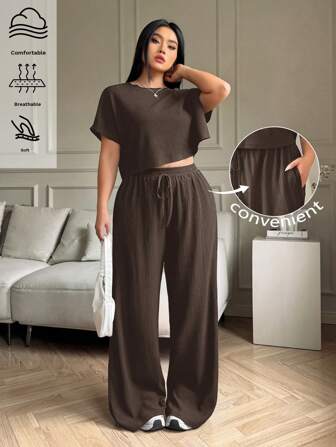 Solflare Plus Size Solid Crew Neck Short Sleeve Top And Long Pants Casual Vacation Cool Feeling 2 Pieces Set, Summer /Spring Women Outfit, Spring Break