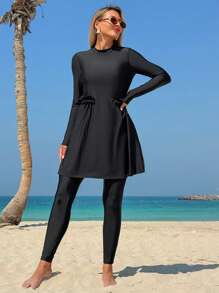 Swim Mulvari New Women's Beach Summer Two Pieces Swimwear. Black. Crew Neck Long Sleeve, Ruffle Waist Design, Modest Cover-Up Pants, Conservative Resort Burkini Set - Black - View 1