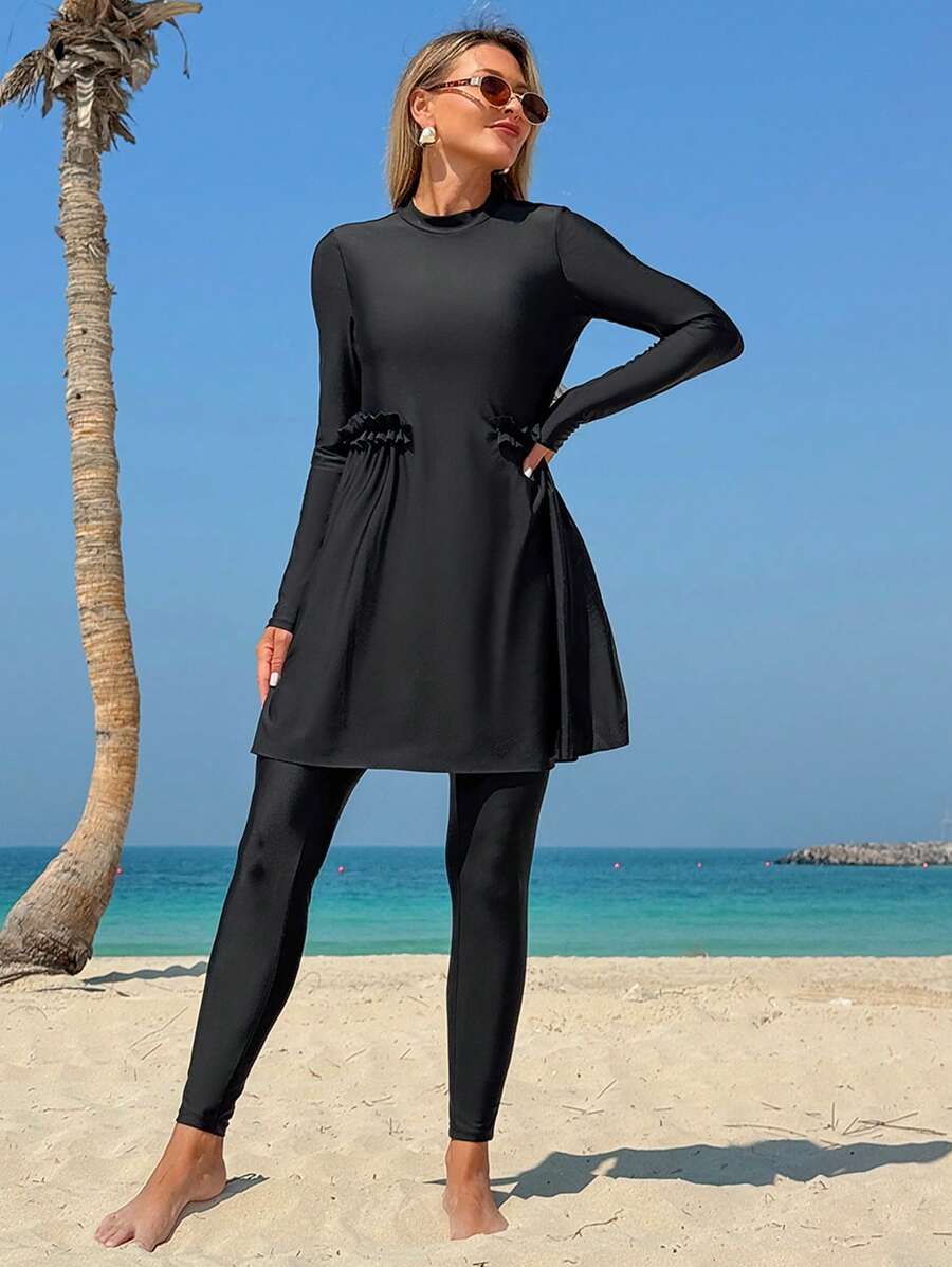 Swim Mulvari New Women's Beach Summer Two Pieces Swimwear. Black. Crew Neck Long Sleeve, Ruffle Waist Design, Modest Cover-Up Pants, Conservative Resort Burkini Set - Black - View 1