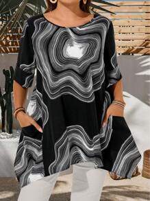 EMERY ROSE 加大码圆领漩涡印花不对称下摆休闲衬衫，度假女士夏季女士办公室装，度假女士夏季女士节日波西米亚风，节日 - 黑色 - 查看 5