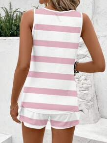EMERY ROSE 2pcs Plus Size Summer Outfit, Casual Striped Pattern Sleeveless Crop Top & Shorts Set