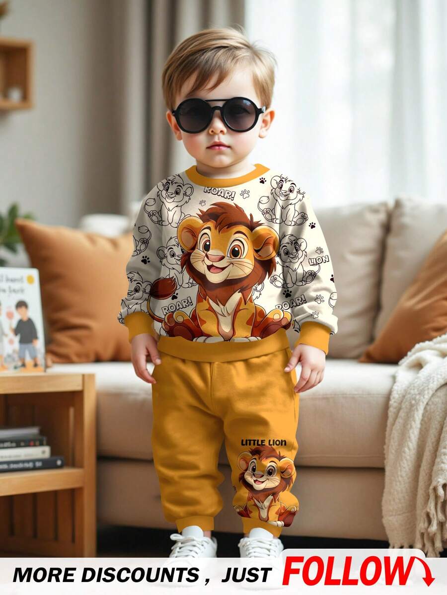 SHEIN 男婴卡通狮子印花宽松针织圆领休闲毛衣和短裤套装 - 彩色 - 查看 1