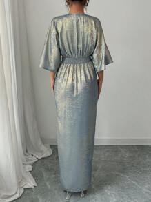 Elenzga 女士优雅休闲通勤派对情人节金属开衩长裙，春夏 - 藍色 - 查看 2