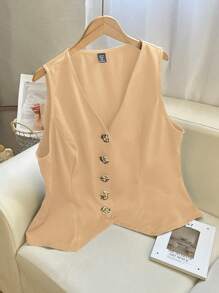 SHEIN Frenchy Plus Size Khaki Woven Fabric V-Neck Sleeveless Top With Decorative Button Casual Blouse - Khaki - View 10