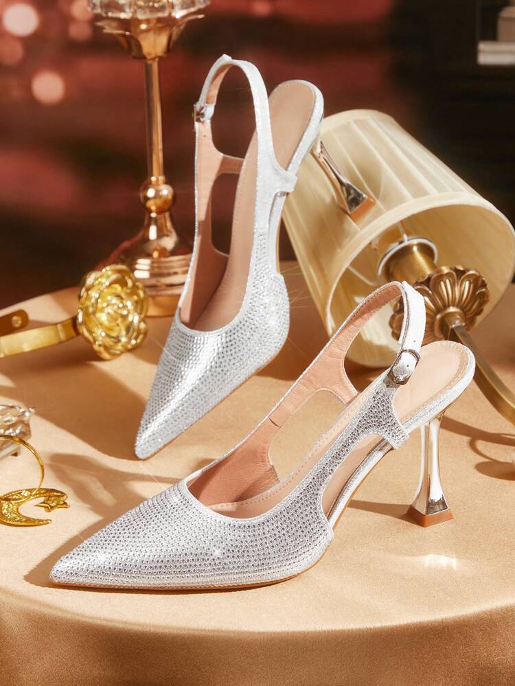 CUCCOO TILAWA Sandalias de tacón alto de punta afilada con strass plateados de lujo, zapatos elegantes de fiesta de moda para mujer