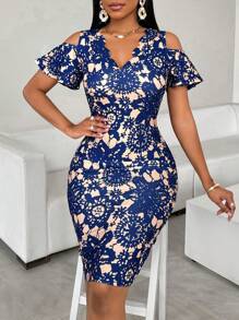 SHEIN Lady 女士花卉印花露肩短袖修身优雅连衣裙 生日和活动连衣裙/办公室连衣裙/教堂连衣裙/婚纱/节日连衣裙/婚礼宾客连衣裙 女士办公室连衣裙 女士连衣裙 女士工作连衣裙 女士连衣裙 夏季热带连衣裙 女士优雅连衣裙 - 彩色 - 查看 3