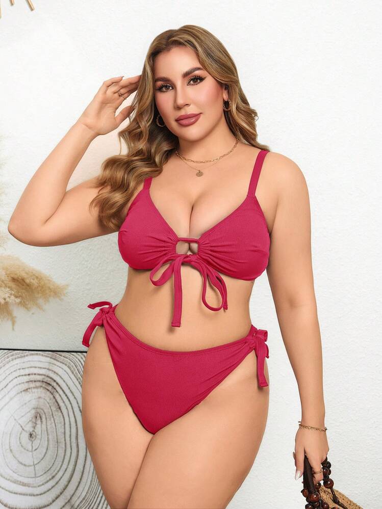 SHEIN Swim Curve Adjustable Padded Plus Size Swimsuit Set, Casual & Vacation Friendly For Summer - Burgundy - View 3