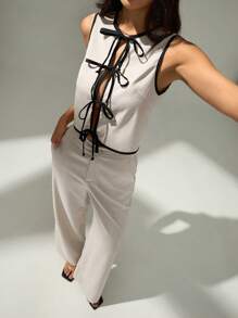 SHEIN PETITE 2pcs/Set Women Contrast Binding Knotted Sleeveless Top And Pocket Decorated Long Pants,Business Casual Woman,Summer Sets - Apricot - View 3