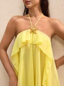 BY FELIZIA Women's Butter Yellow Solid Chiffon Starfish Decoration Open Back Ruffle Sexy Mini Dress For Summer Beach Vacation - Yellow - View 7
