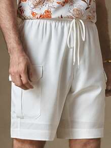 Manfinity ModaGents Men's Casual White Cargo Pocket Drawstring Woven Shorts, Suitable For Daily Wear In Summer, Summer White Shorts, Summer Shorts, Summer Outfits, Summer Clothes, Bermuda Men Shorts Beach Pants, Comfy Shorts, Camping And Mountaineering White Shorts, Matching Outfits Couples, Men Gifts, Shorts Suitable For Boyfriend Or Husband To Wear, Men's Beach Shorts