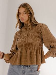 Aralina Blusa de manga larga con fruncidos de estilo boho chic - Marrón Chocolate - Ver 4