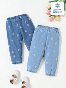 Set de 2 piezas de jeans de cintura elástica con volantes y estampado floral para niña bebé - Multicolor - Ver 2