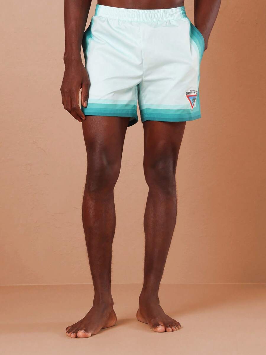 SUMWON 夏季沙滩泳裤运动休闲沙滩短裤弹力腰带透气游泳短裤水蓝色渐变运动户外泳池冲浪度假 - 綠色 - 查看 1