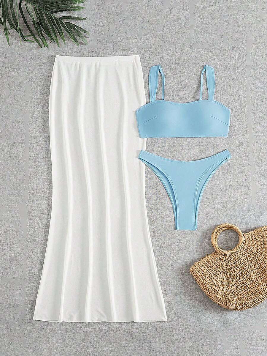 SHEIN Swim 3pcs Blue Wide Strap Bikini Set With White Mesh Beach Maxi Dress, Vacation Style Women Swimsuit For Summer - Blue and White - View 1