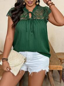 SHEIN Clasi Plus Size Women Boho Dissolving Floral Lace Patchwork Textured Fabric Ruffled Bowknot Collar Blouse - Dark Green - View 3