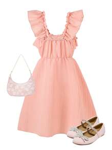 Tween Girls Textured Fabric Ruffle Trim & Cap Sleeve Dress - Pink - View 2