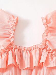 Tween Girls Textured Fabric Ruffle Trim & Cap Sleeve Dress - Pink - View 6