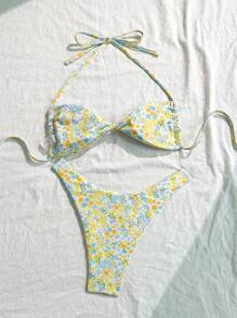 Swim Mod Ditsy Floral Twist Bikini Set, Minimalist & Fashionable, Suitable For Summer - Yellow - View 2