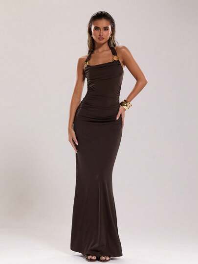 SHEIN BAE 大码女式性感纯色露背吊带鱼尾下摆连衣裙，夏季