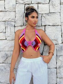 SHEIN SXY Women Sexy Striped Backless Halter Crop Top For Vacation
