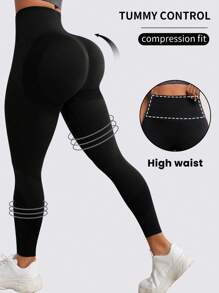 Seamluxe SHEIN Sport 寬腰帶運動打底褲 - 黑色 - 查看 1