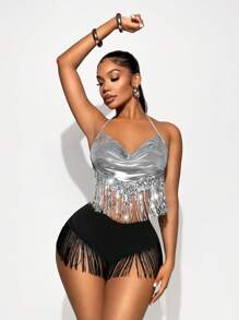 Sirith Solid Color Tassel Spaghetti Strap Tank Top With Tassel Hemline - Silver - View 3