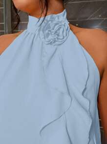 SHEIN Unity Plus Size Women's Solid Color Ruffled 3D Flower Decor Halter Shirt - Blue - View 7