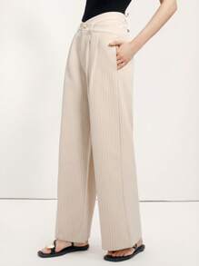 Zanirela 女式条纹不对称腰带口袋阔腿裤 - 卡其色 - 查看 5